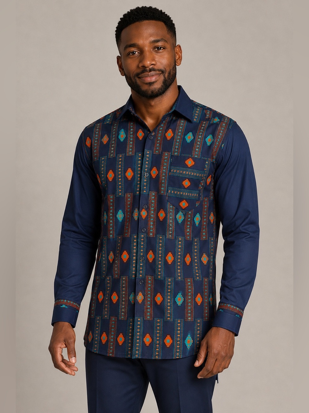 Royal Nakor Ghana Long Sleeve Button-Up Shirt L African Print Navy Red Turquoise